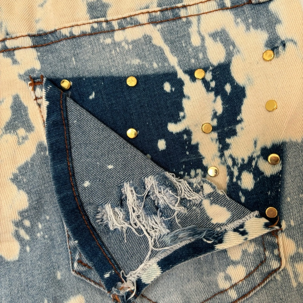 Bleached & Distressed Denim Shorts With Gold Embe… - image 4